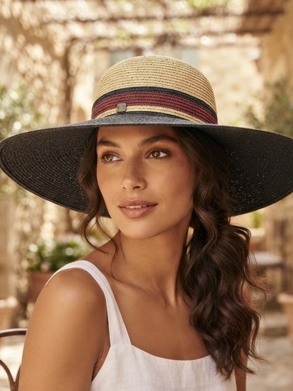 Laura Biagiotti Wide Brim Straw Sun Hat with Red and Blue Band